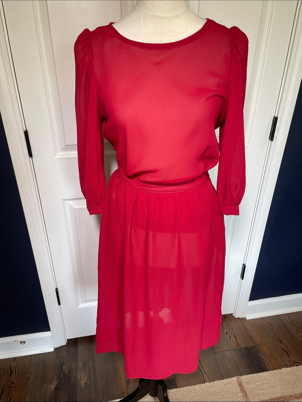 Vintage 70s You Babes Red Sheer Pleated Midi 2 Piece Top Skirt Set Puff Sleeve